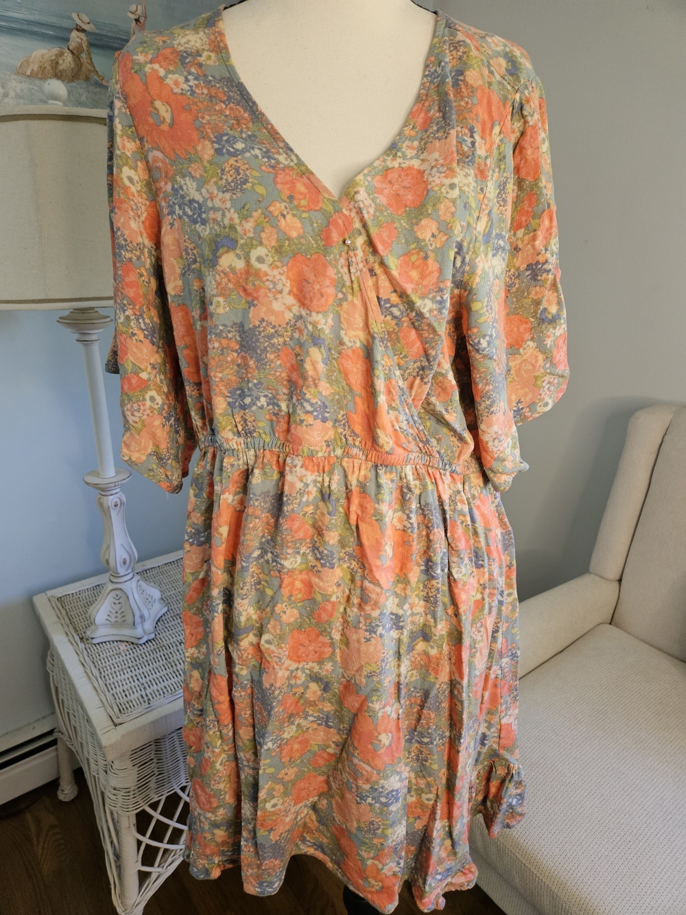 Rewind Coral and Sage Floral Wrap-Style Midi Dress